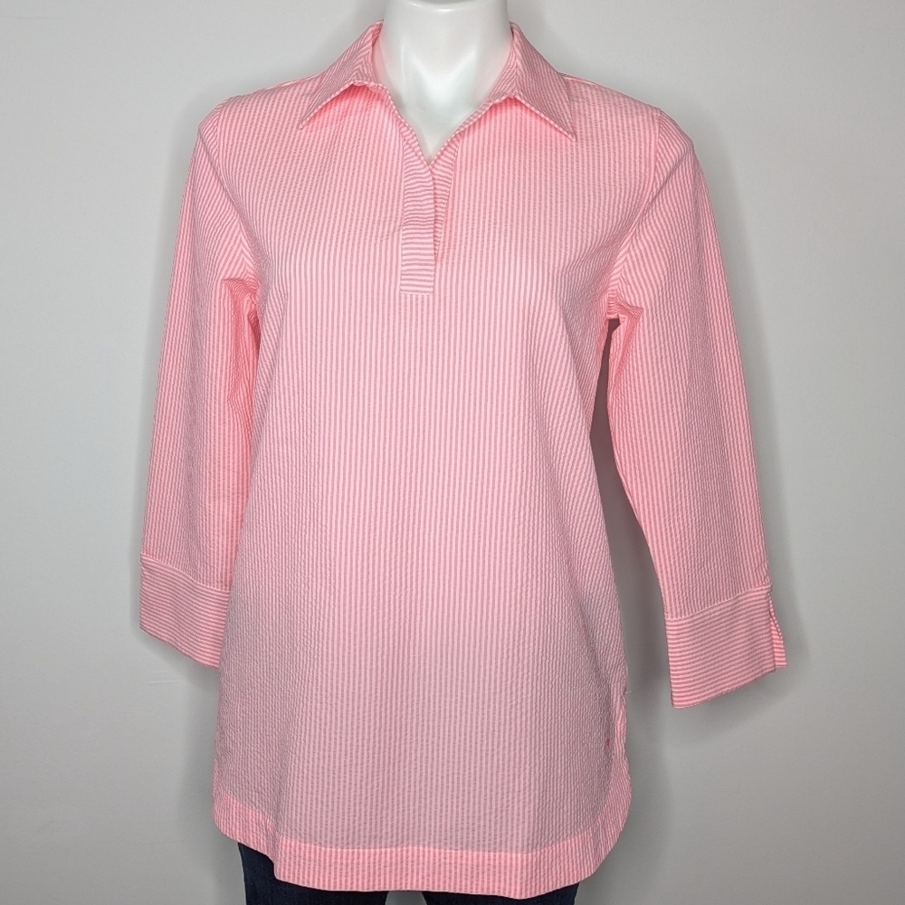 Vineyard Vines Performance Pink White Striped Collared 3/4 Sleeve Top XS